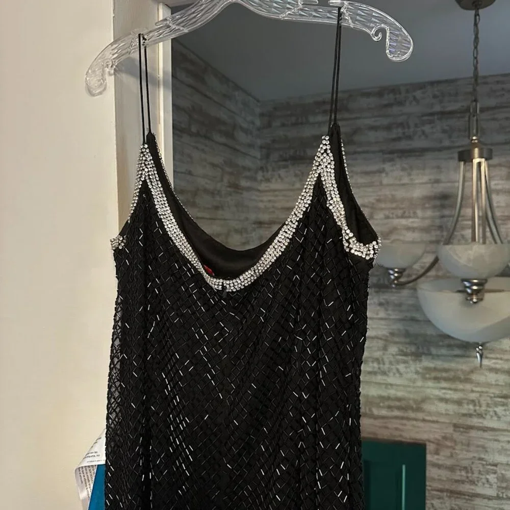 NWT Mac Duggal Black Beaded Spaghetti Strap Gown Sz 14 Formal Evening Dress - Picture 9 of 16